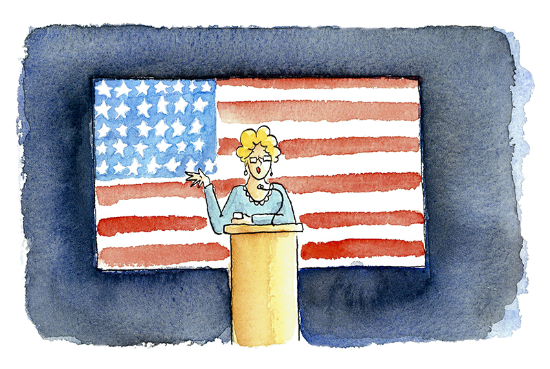 Illustratie van docente die achter een kateder en voor een Amerikaanse vlag lesgeeft 