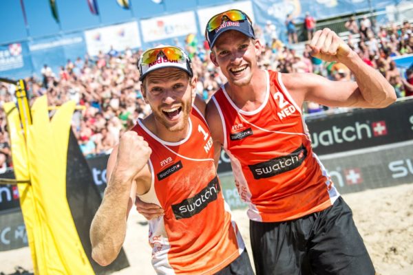 Alexander Brouwer and Robert Meeuwsen of Netherland celebrate during the Swatch Beach Volleyball Major Series in Porec, Croatia on June 6, 2015.
