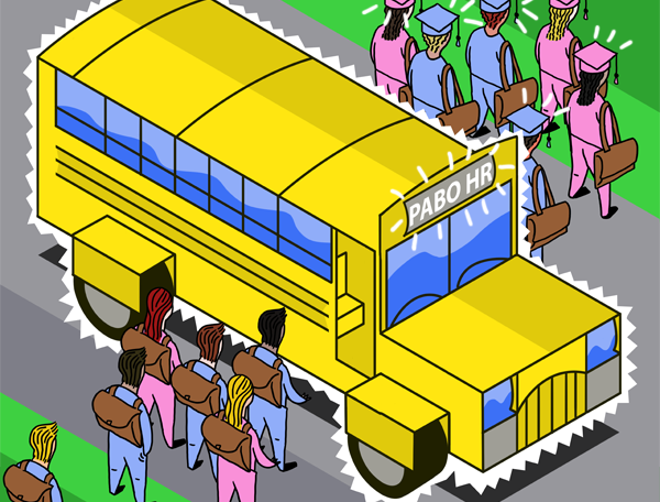Illustratie van bus met afgestuudeerden die eruit stappen