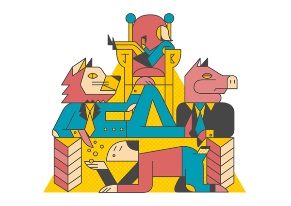 illustratie van mens op een troon omringt door een leeuw en varken in maatpakken