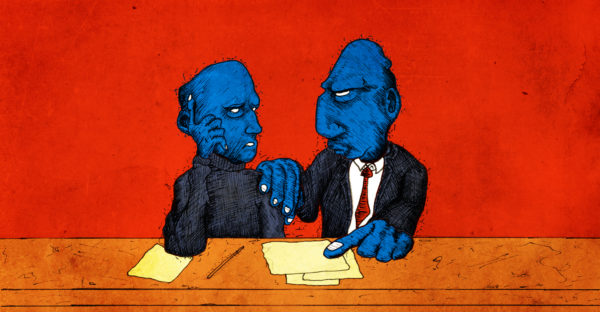 Illustratie twee blauwe mannetjes die elkaar spreken