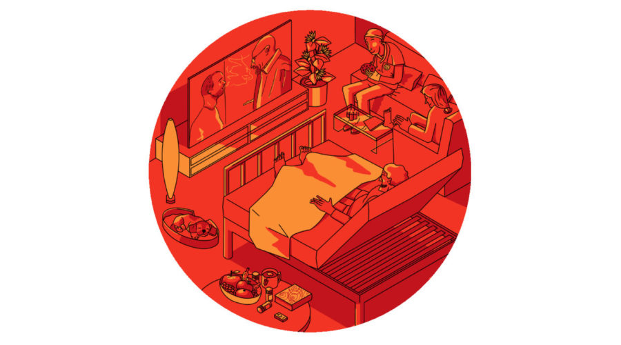 Rood illustratie van woonkamer met patient en verpleging