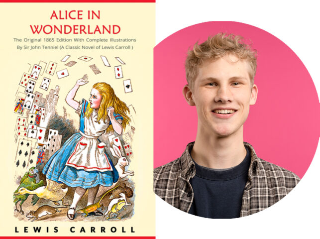 portret Menno naast cover Alice in Wonderland