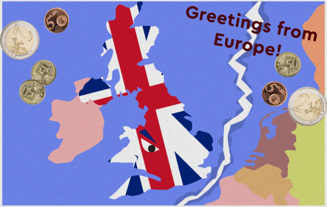 Illustratie van droevig kijkend Engeland weggescheurd van Europa