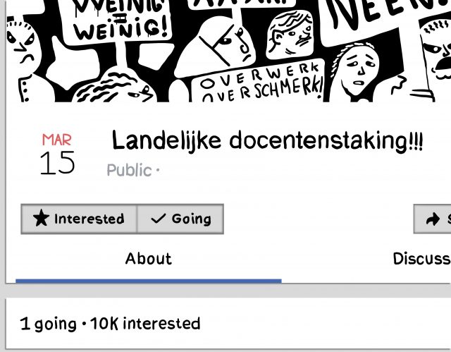 Screenshot van een Facebook stakingsvent waar tienduizend mensen in geïnteresseerd zijn, maar slechts een persoon komt.