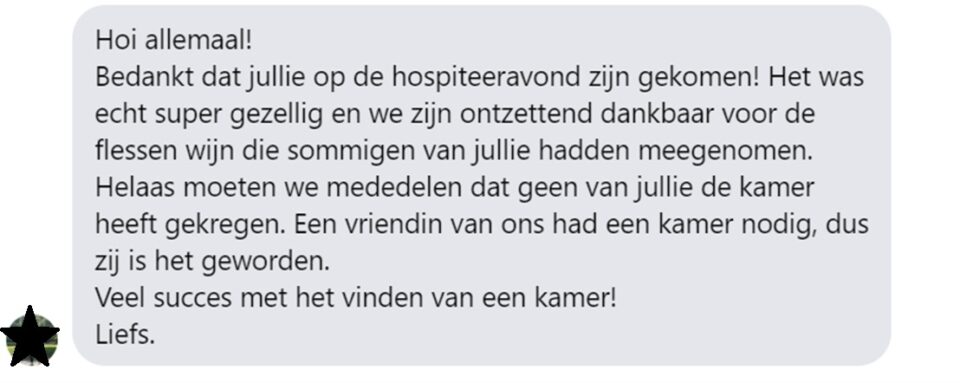 Facebook-berichtje waarin staat dat de kamer naar een vriendin van de huidige huisgenoten is gegaan