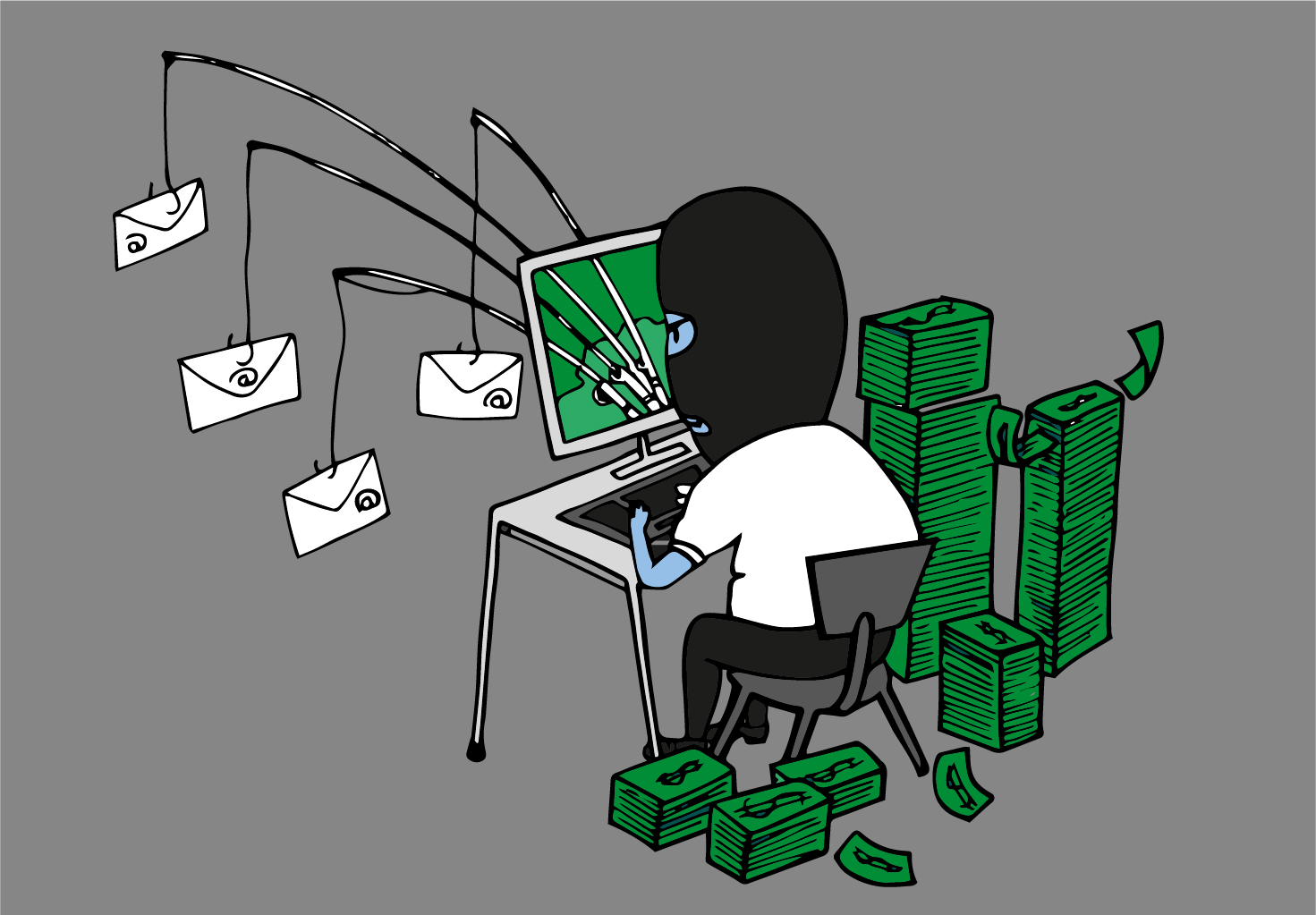 Illustratie van hacker die geld binnenhaalt via phishingmails. Door: Evi Penders