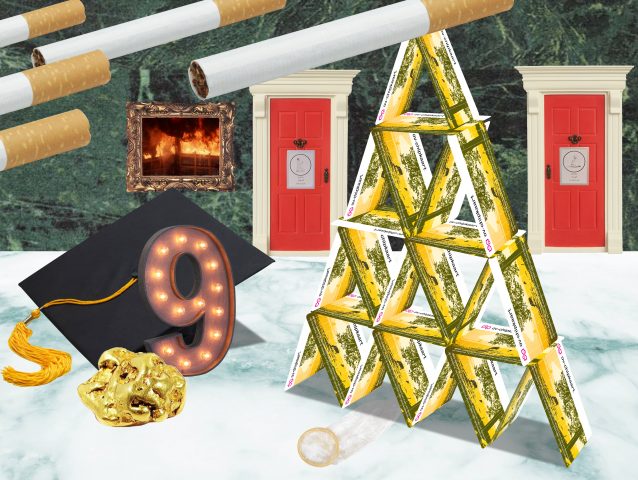 Collage van OV-kaarten, sigaretten, brandend gebouw, deuren naar gebedsruimtes, goud, cum laude en een condoom. Door Demian Janssen