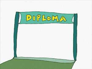 animatie van een hordenloop met aan de finish een diploma
