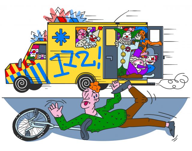 Een ambulance vol clowns scheurt een zwaargewonde eenwieler voorbij.