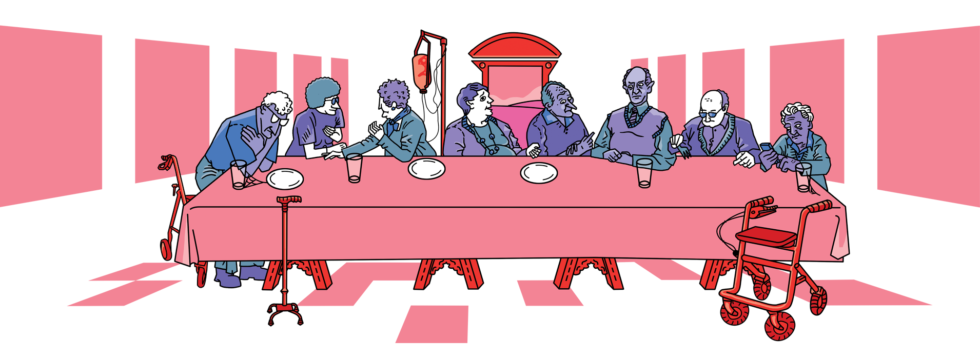 Illustratie van ouderen aan een lange tafel zoals het Laatse Maaltijd shilderij.