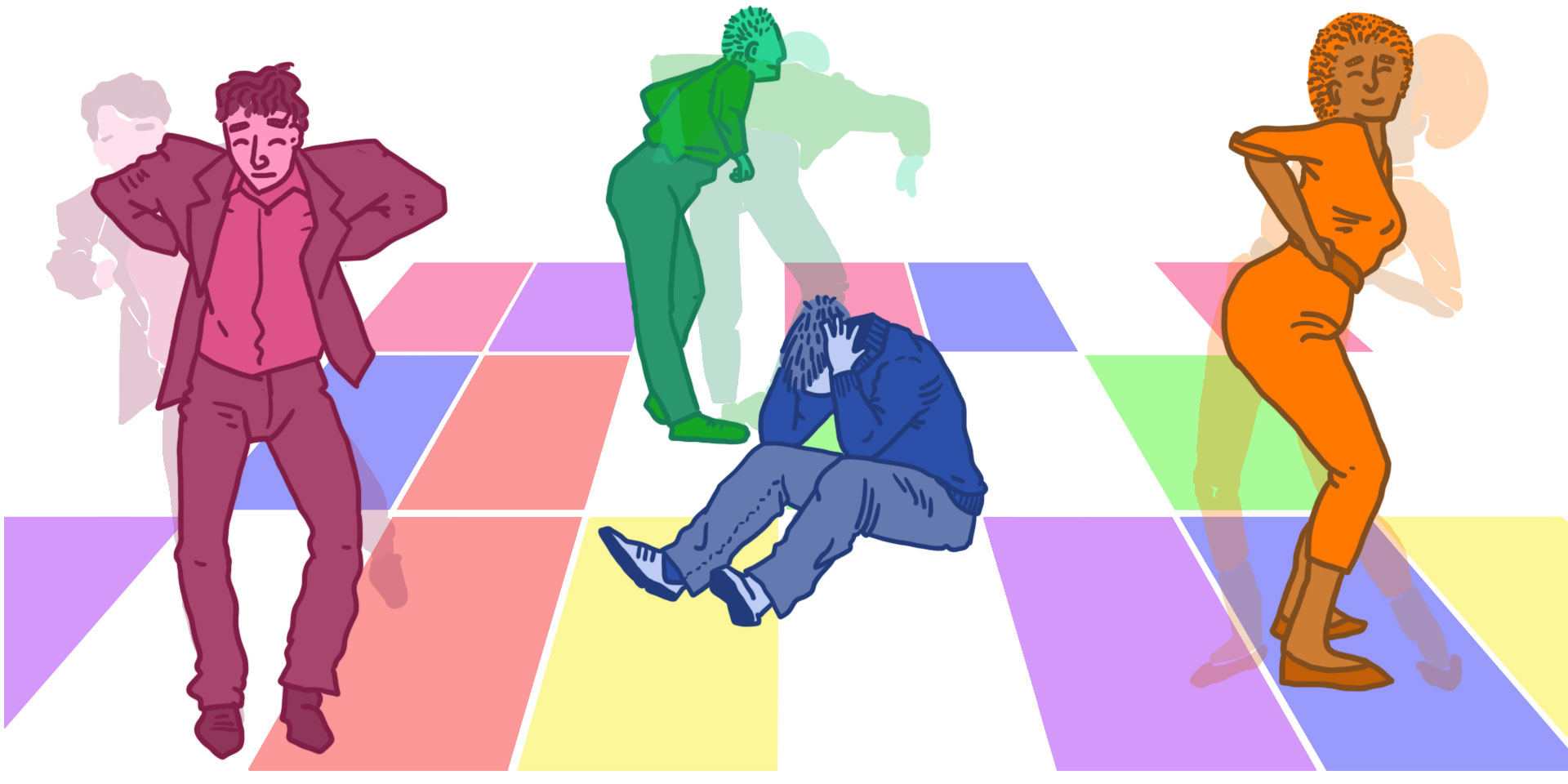 Illustratie van dansende mensen in een disco en 1 figuur op de vloer met handen op zijn hoofd