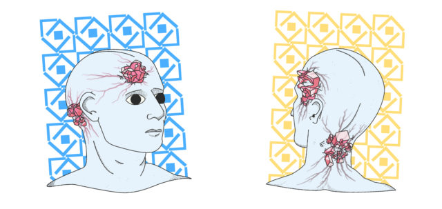 Illustratie van buitenaardse achtig kale hoofden met cristalen in zijn hoofd