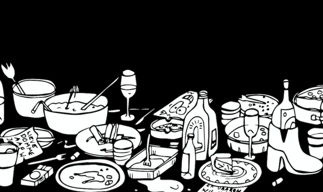 Ilustratie van een volle eettafel na een feestje Evi Penders.