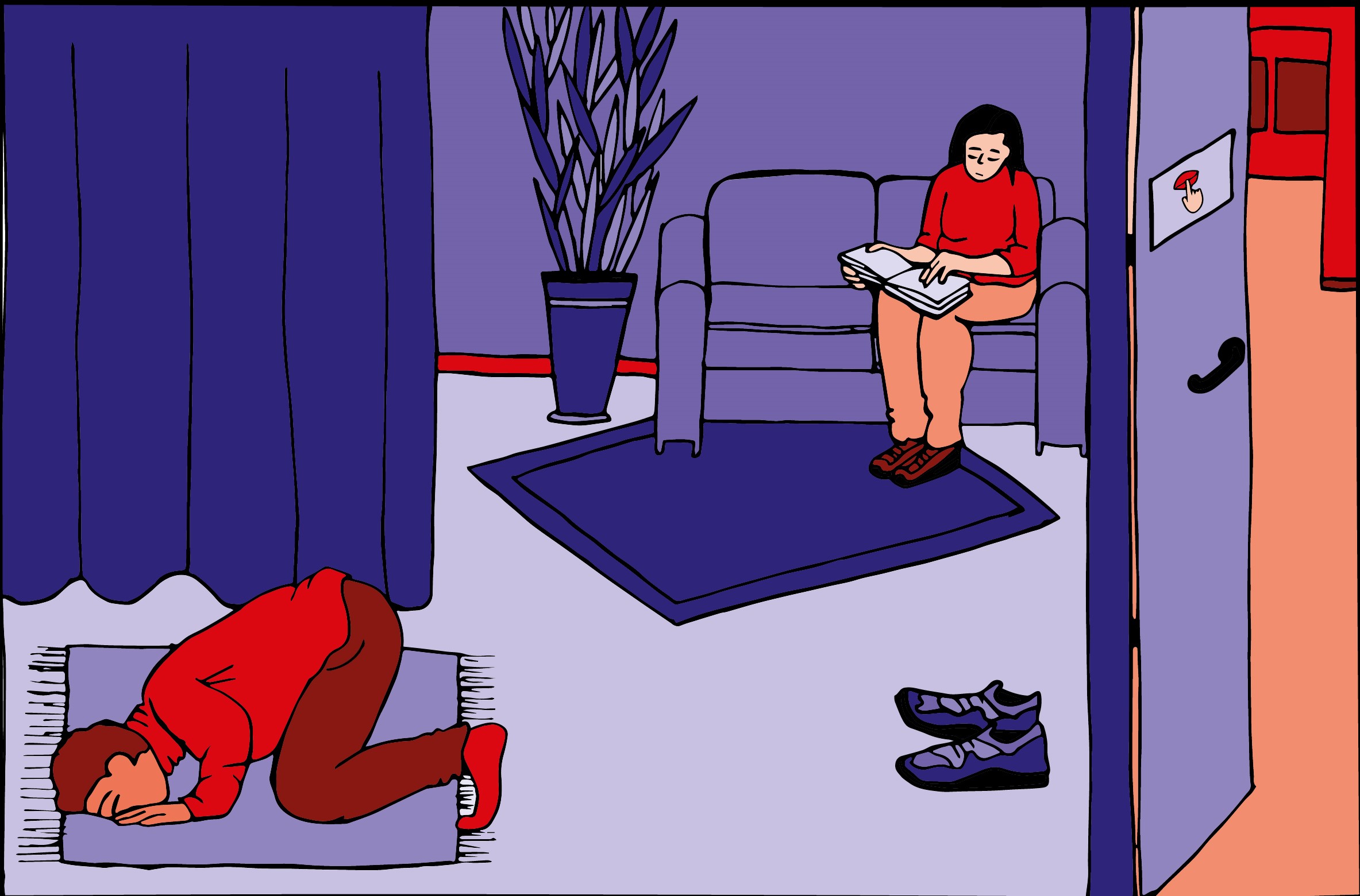 Illustratie van ene stilteruimte waarbij een student aan het bidden is en een andere student leest