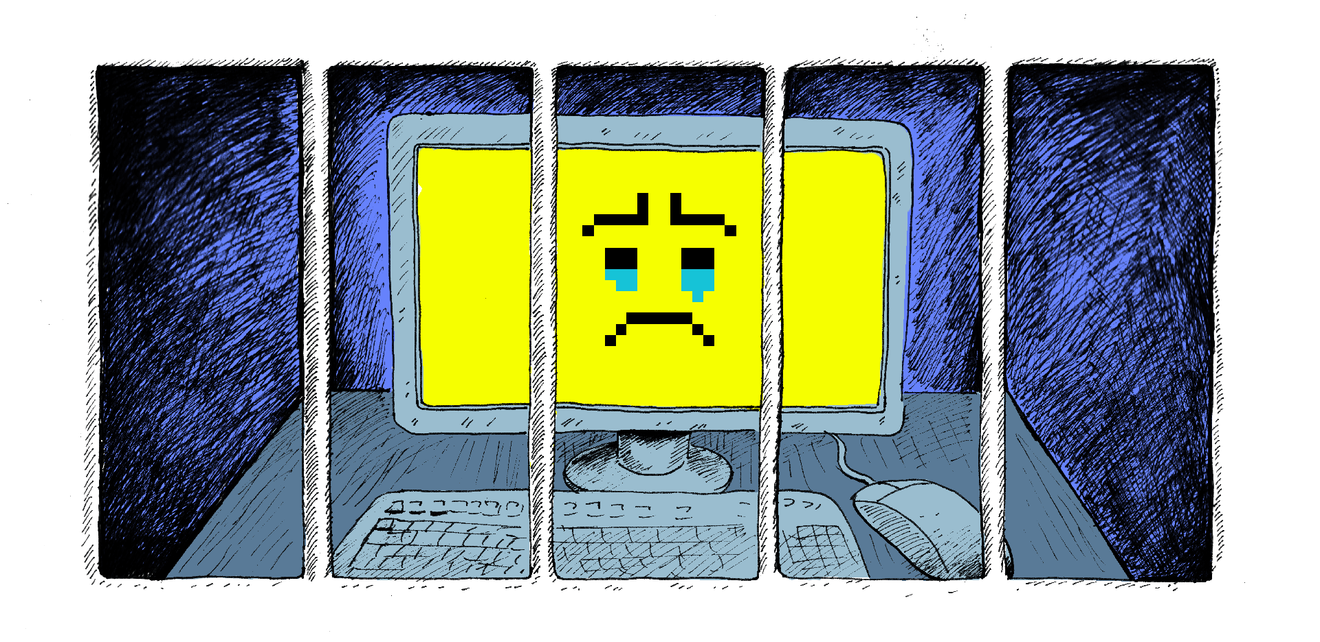 Computer achter de tralies met een verdrietige smiley op het scherm