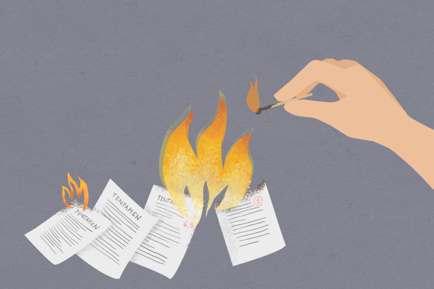 Illustratie waarop een hand met een lucifer en tentamens die in de brand vliegen