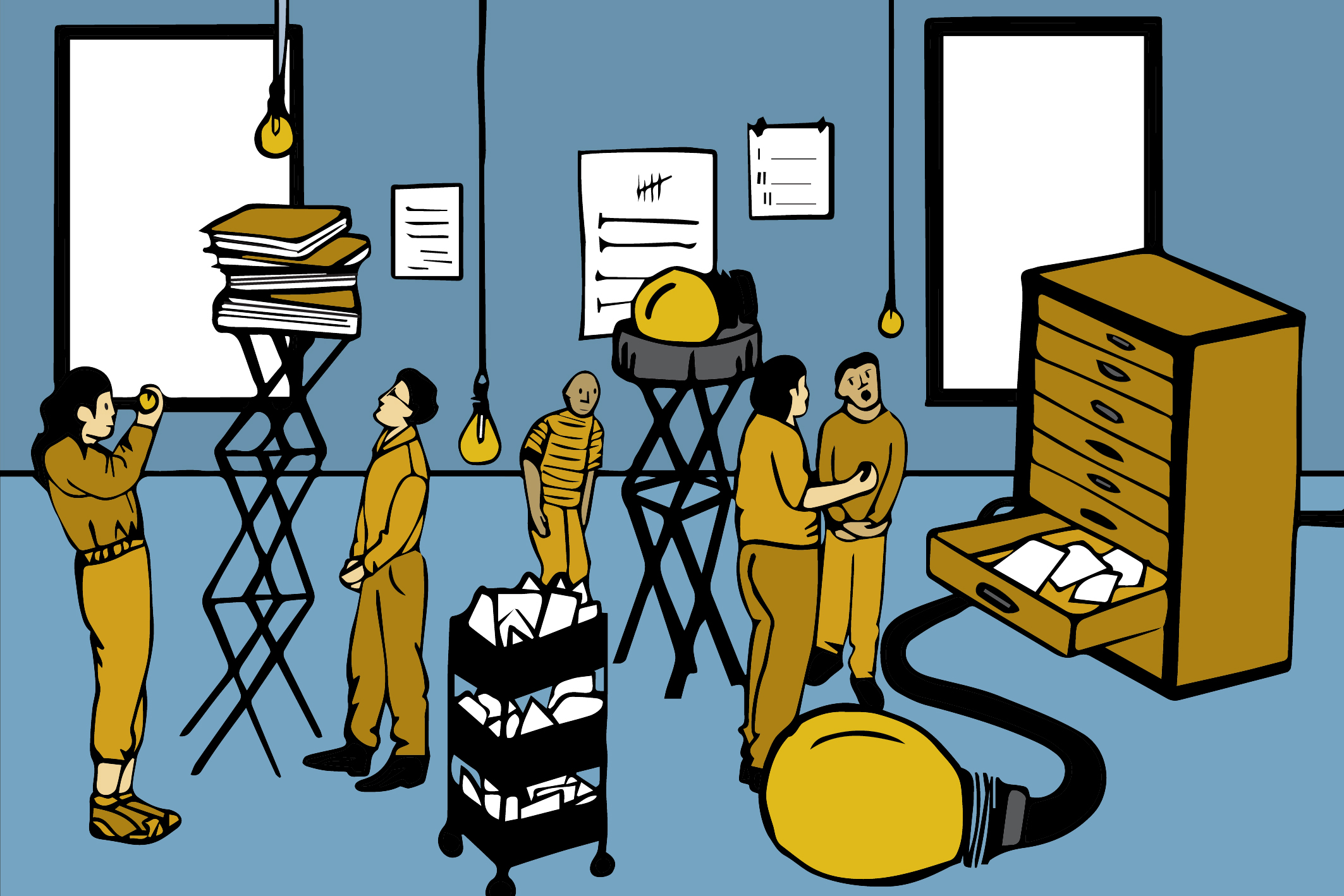 Illustratie waarbij personen in een fysieke werkplaats met ordners etc. aan het werk zijn