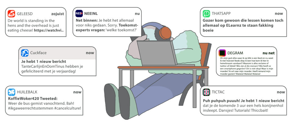 Illustratie van een student met een laptop en telefoon en om de afbeelding heen allerlei fake social mediaberichten