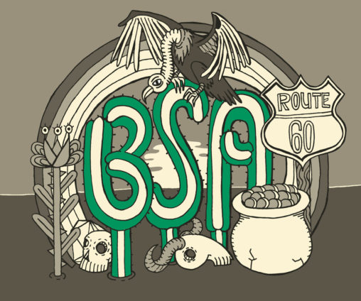 Illustratie BSA met Amerikaanse iconen; bord Route 60, arend vogel