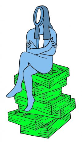 Illustratie van een denkende vrouw op een stapel bankbiljetten