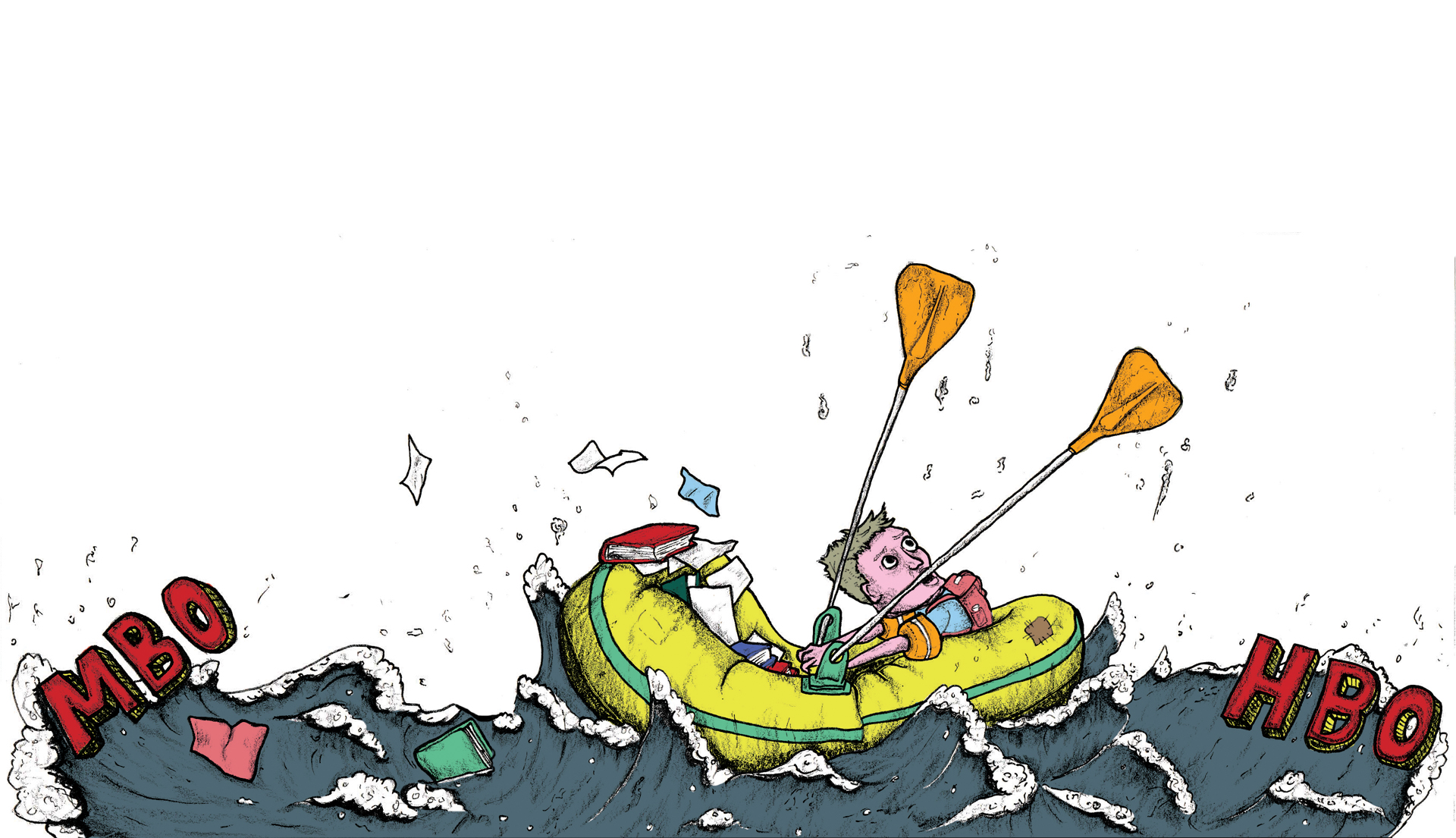 illustratie van mannetjes in een roeibootje op een hard stromende rivier