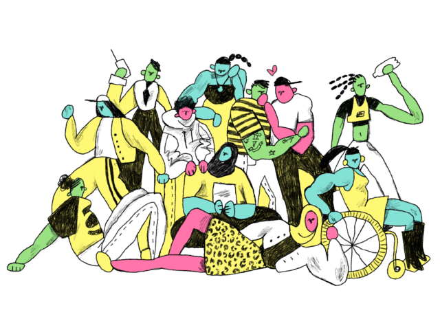 Ilustratie getekend met kleuren potlood van een divers groep mensen