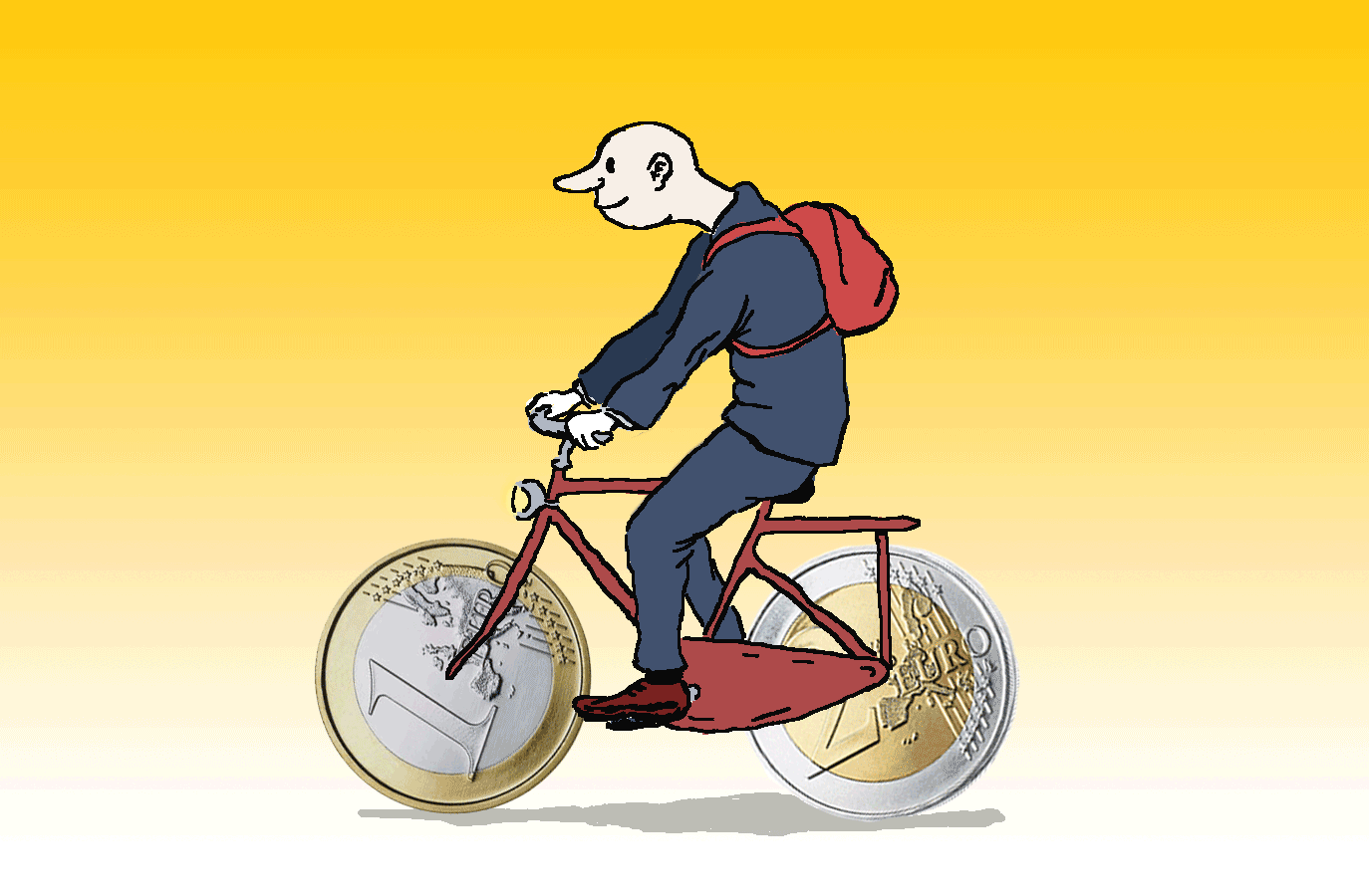 Animatie van een fietsende werknemer bij artikel over invoering fietsplan. De wielen zijn euromunten.