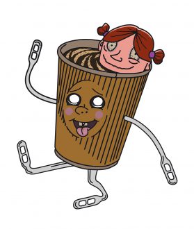 Illustratie van een vrolijk ronddartelend kopje koffie