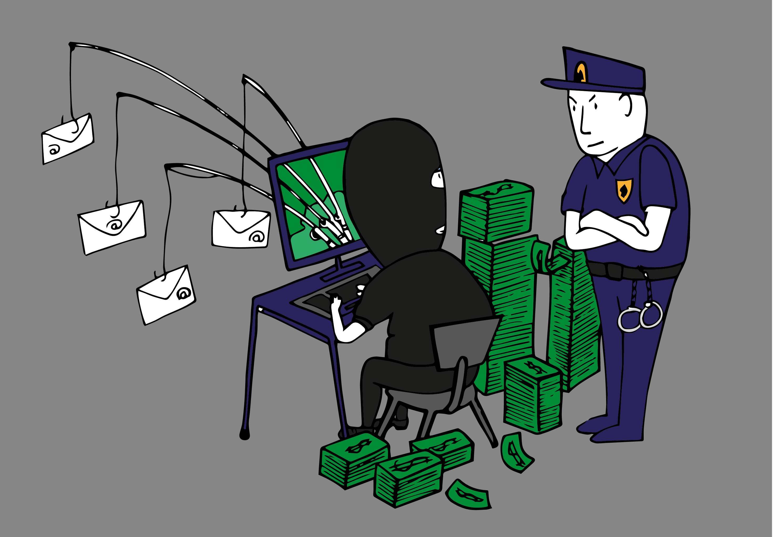 Illustratie van een hacker met een politieagent achter zich