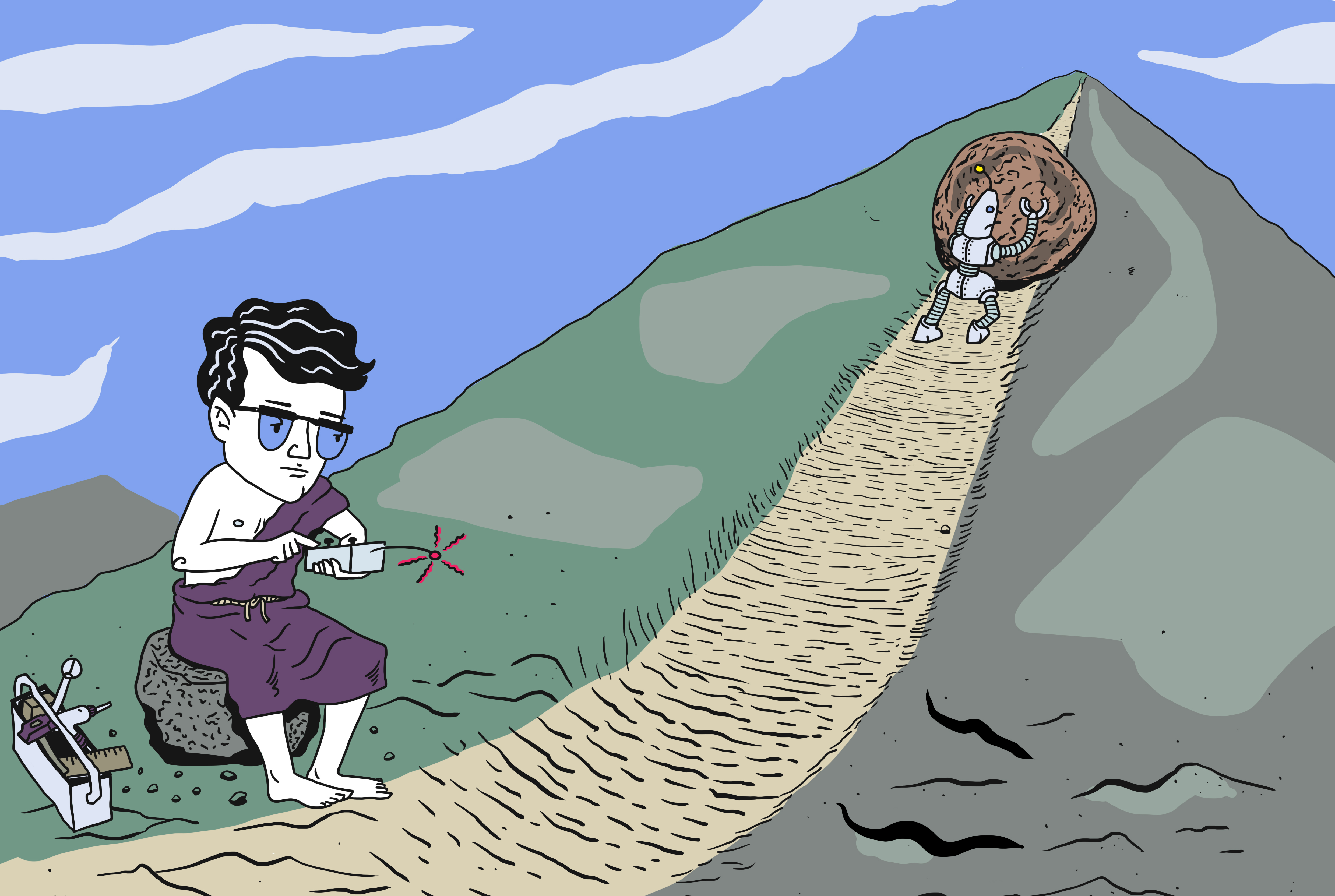 illustratie van Sisyphus die een robot de steen de berg op laat rollen