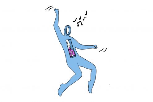 Illustratie van dansende persoon met een huisje opp de plek van het hart