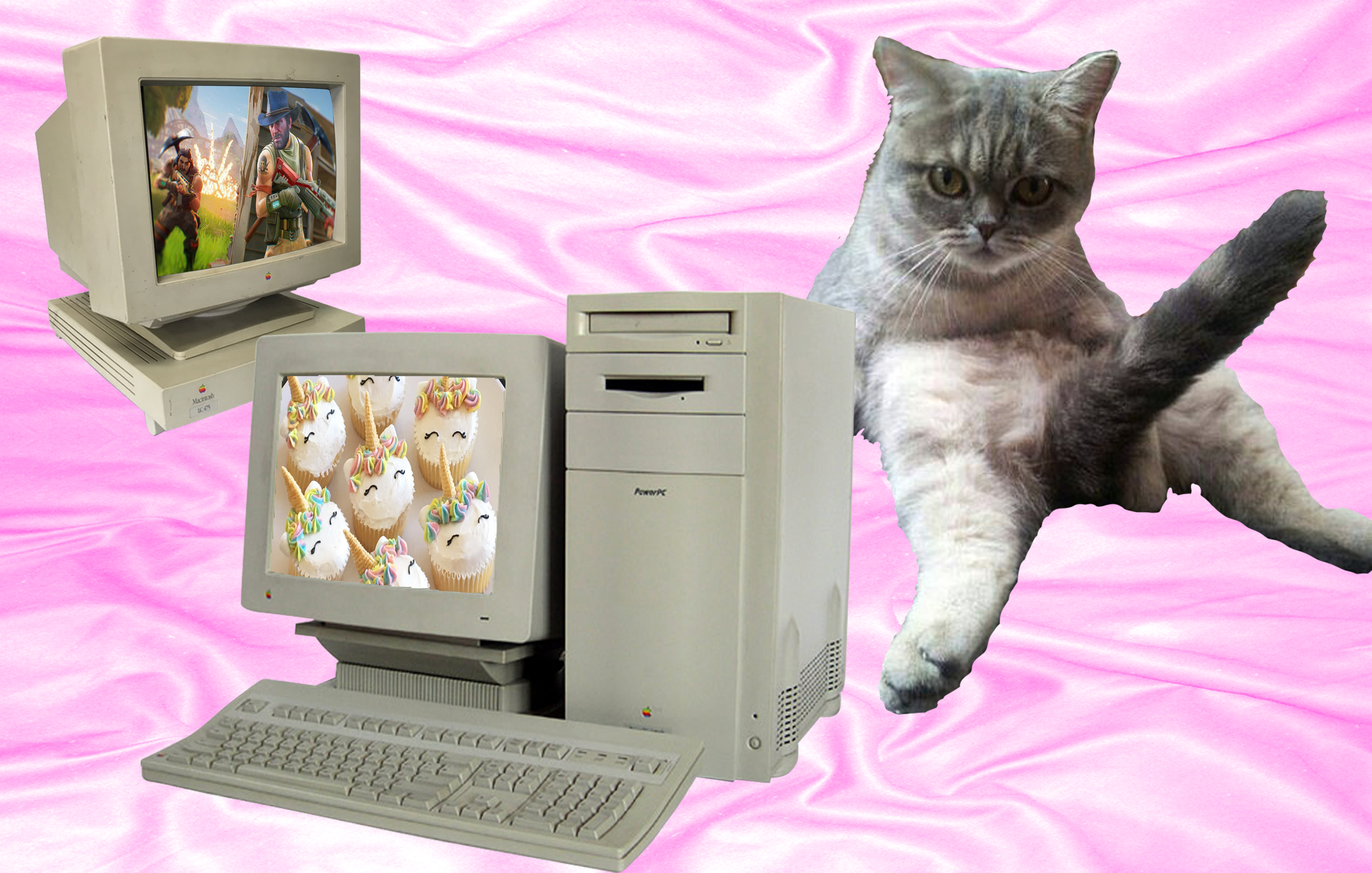 Illustratie met oude desktopcomputers en een kat