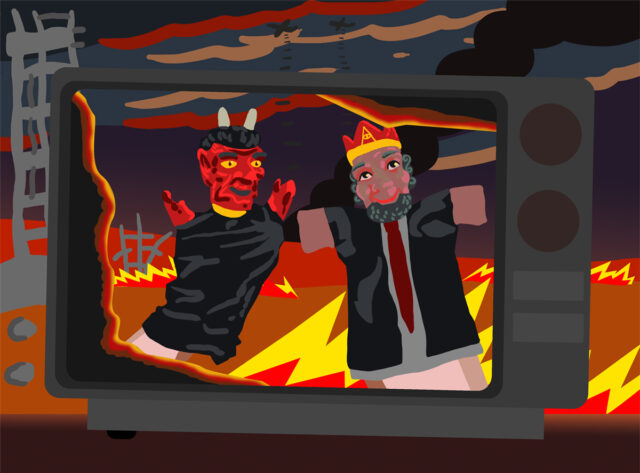 Illustratie van een kapotte televisie in een brandend landschap. In de televisie is een handpoppenkast gaande tussen een duivel en een koning.