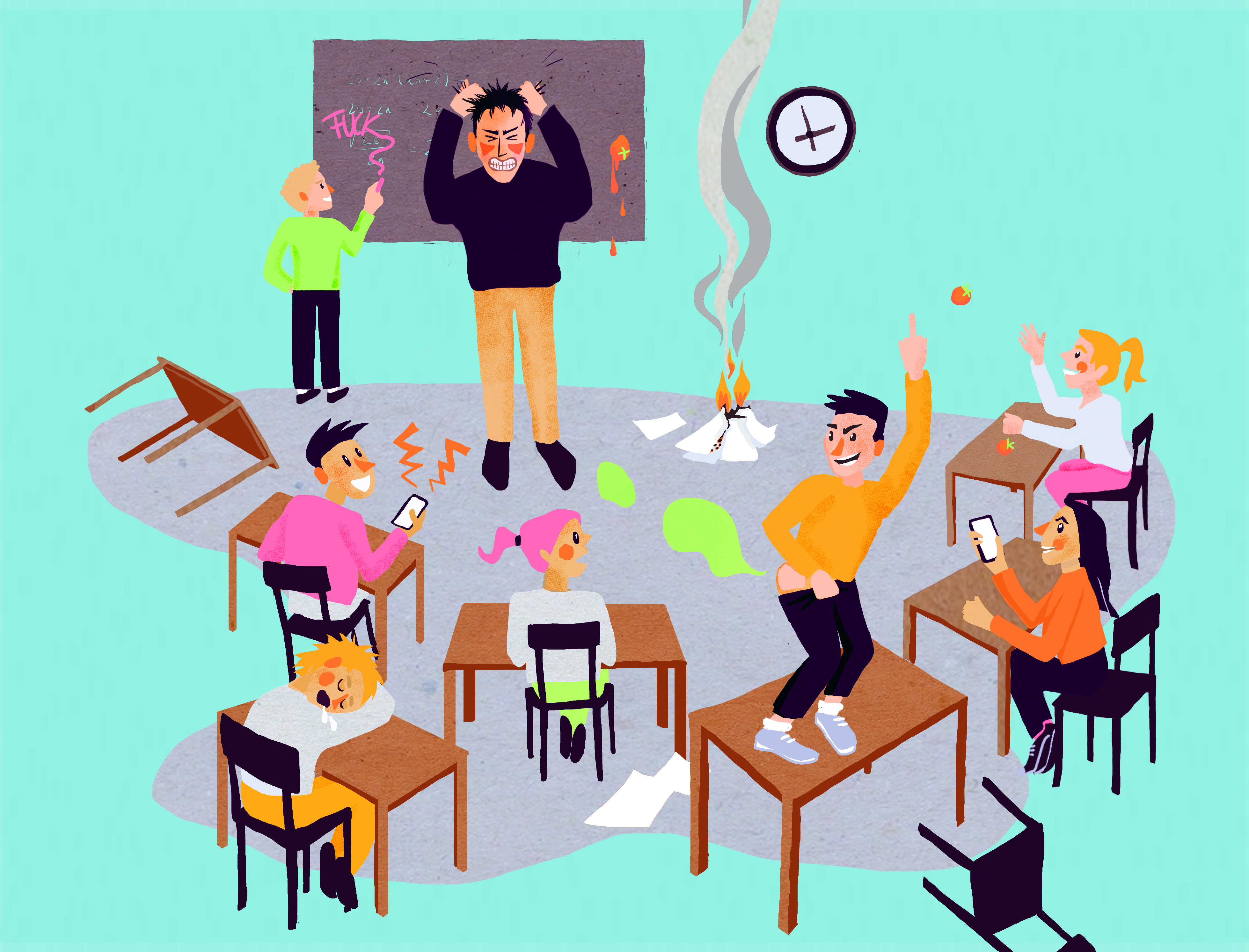 Illustratie van een klas in complete chaos