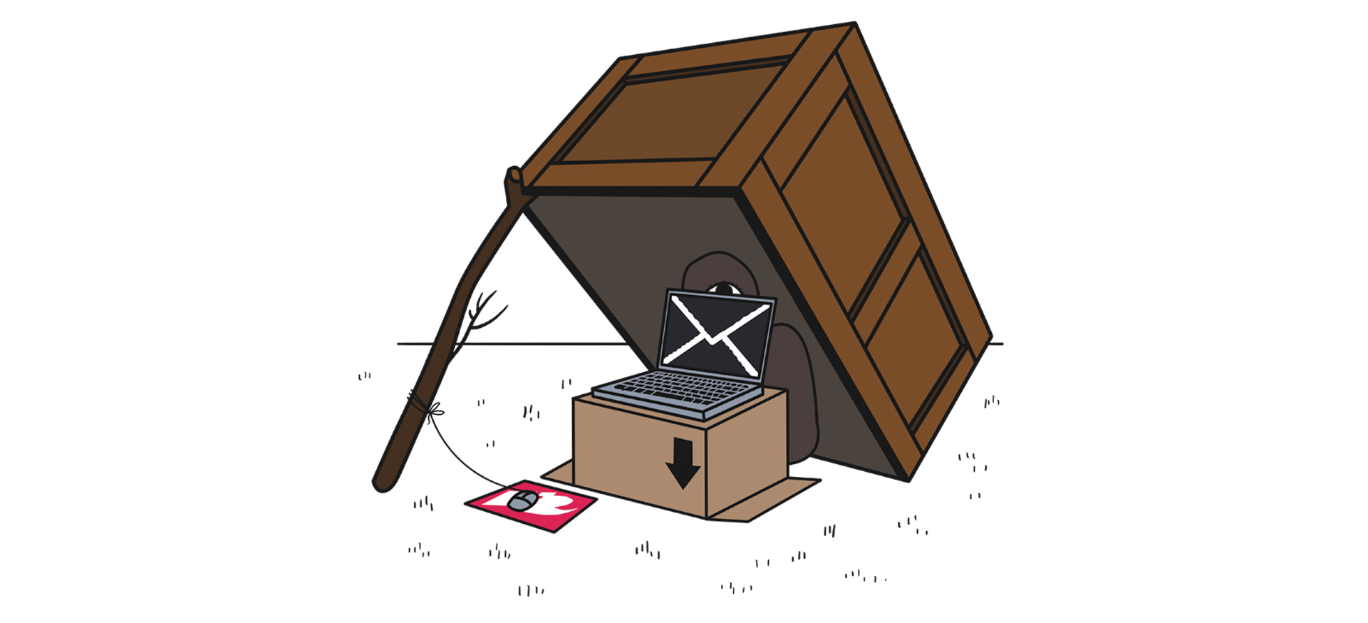 Illustratie van een houten krat-val met een laptop er in
