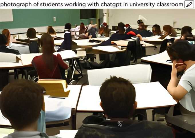 Door AI gegenereerde foto met als prompt "photograph of students working with chatgpt in university classroom"