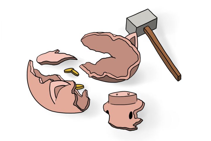 Illustratie van een kapotgeslagen spaarvarken met een hamer er naast