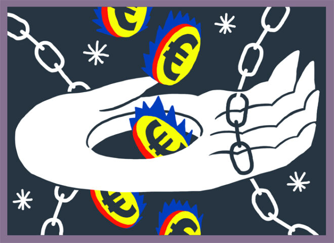 Een illustratie van een hand met een gat waar euro's doorheen vallen