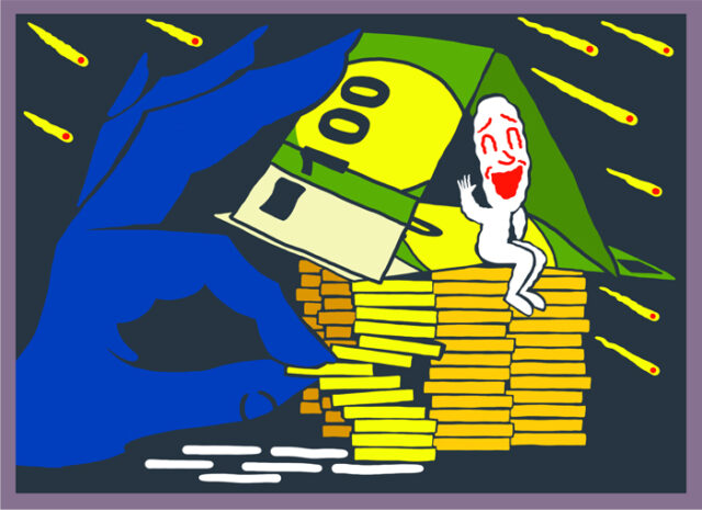 Een illustratie van een figuurtje in een wankel huisje gemaakt van geld. Een grote hand in de kleur blauw van DUO trekt een muntje uit de stapel.