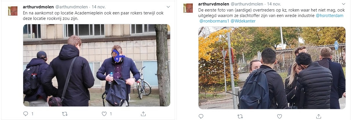 Tweets van Arthur van der Molen met foto's van rokers
