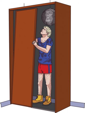 Illustratie waarbij jonge man in de lkast staat en bezig is met een kastdeur